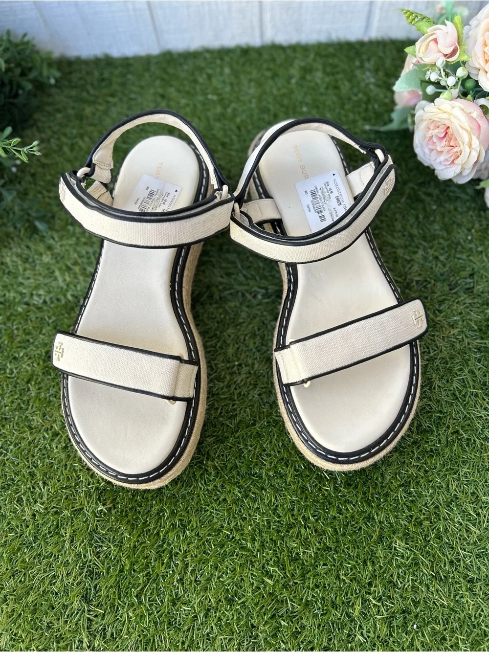 Tory Burch Women’s canvas/perfect black platform  Espadrille Sandals size 10